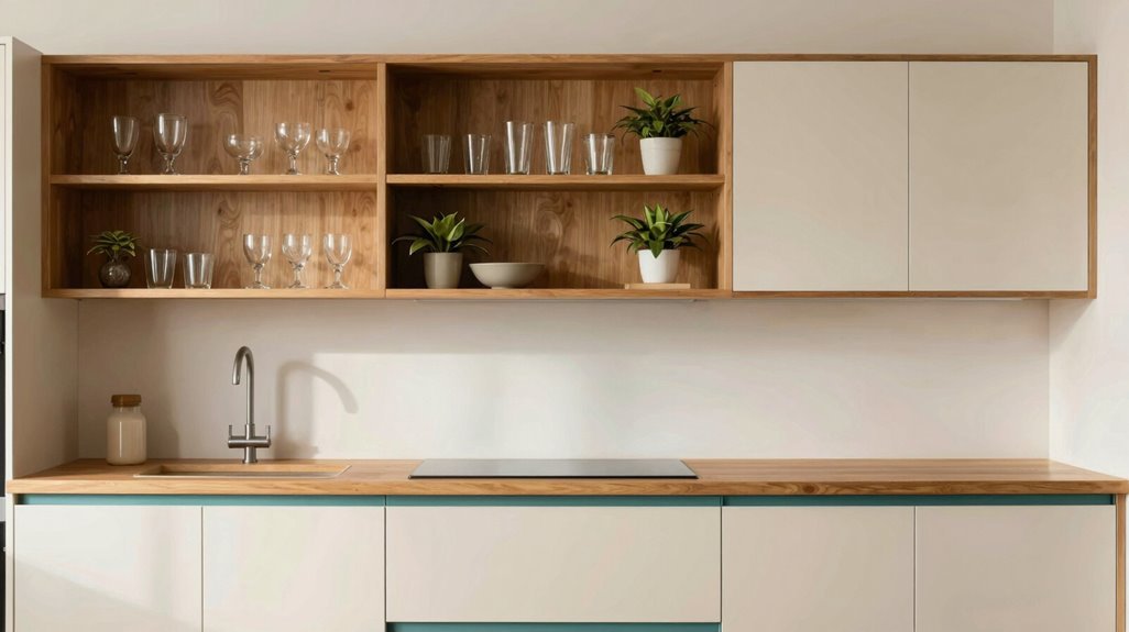 How to Decorate Mid-Century Modern Kitchens in 10 Steps 6 balanced open shelves cabinets brass hardware