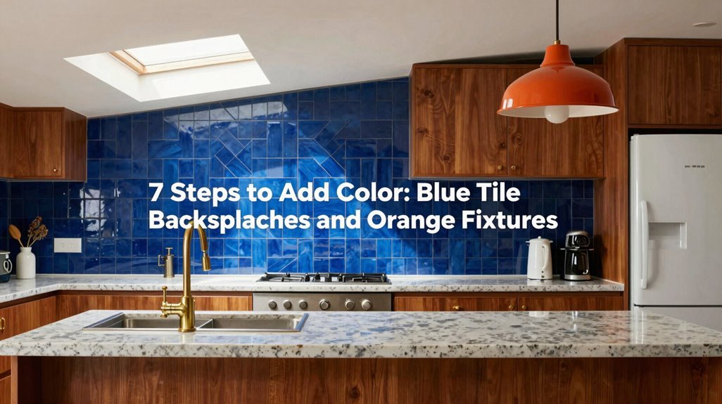 blue tile backsplash with orange fixtures
