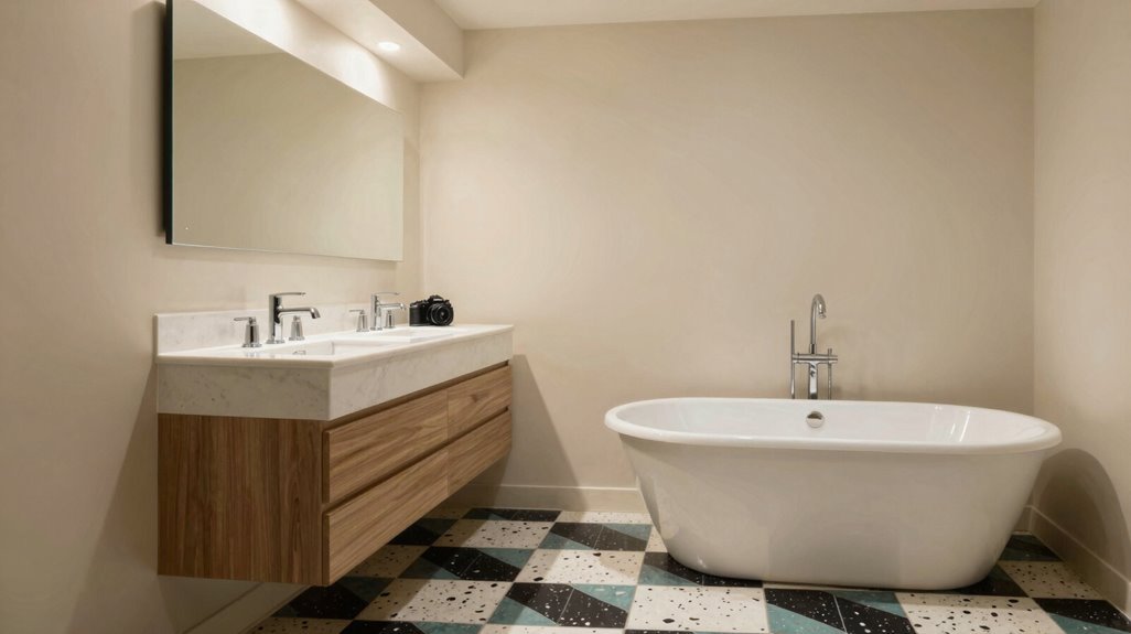 7 Mid-Century Modern Bathroom Tips for Decorating With Retro Style 2 bold geometric floor tiles anchoring retro bathrooms