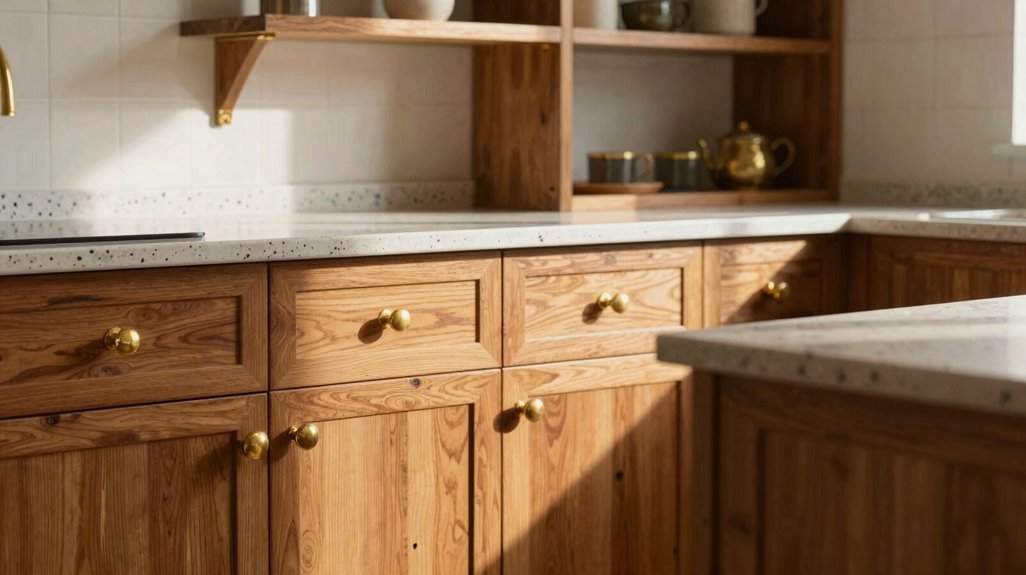 10 Mid-Century Modern Kitchen Decorating Tips 4 brass with warm wood balance