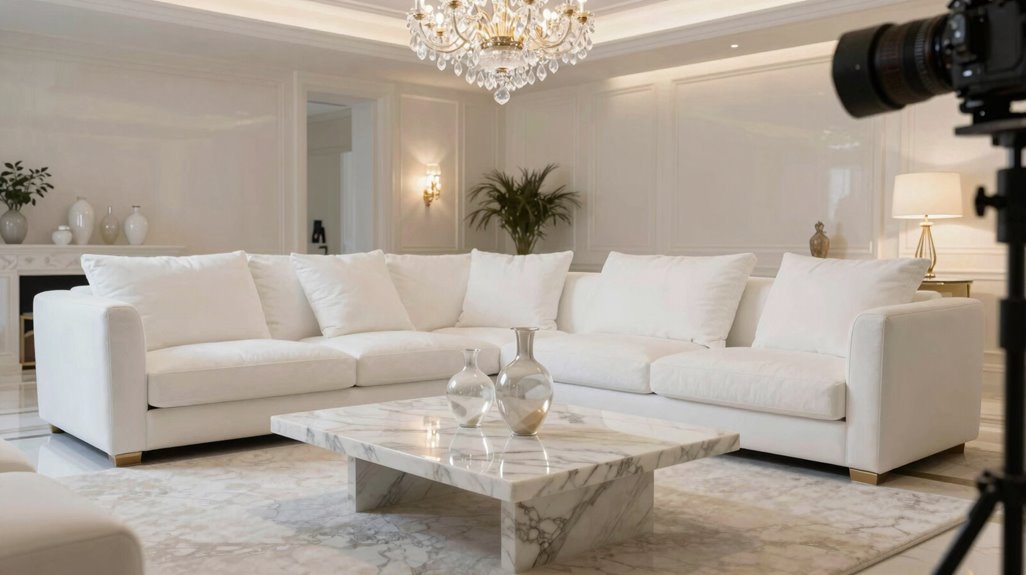 15 Ways to Create Your Dream White Living Room 9 calacatta marble grand lighting