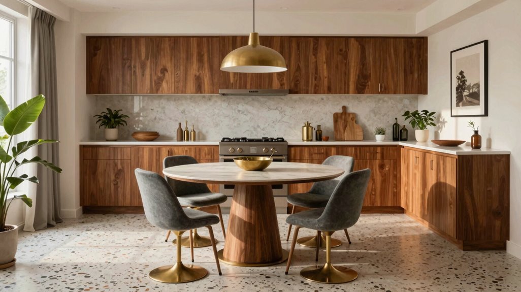 centered round table walnut tulip chairs