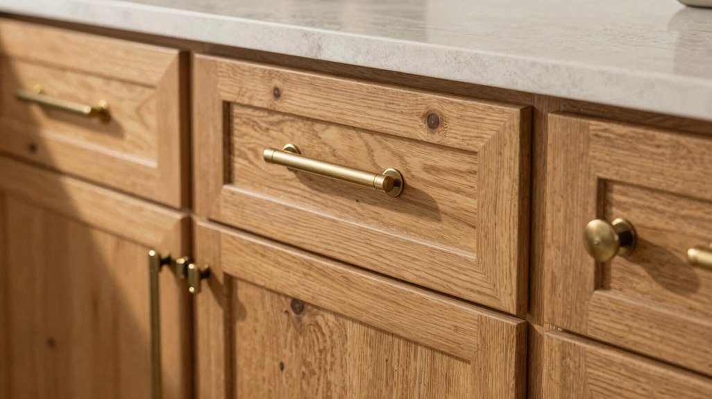 Oak Kitchen Cabinets Ideas for Your Home 6 champagne hardware warm lighting upgrade