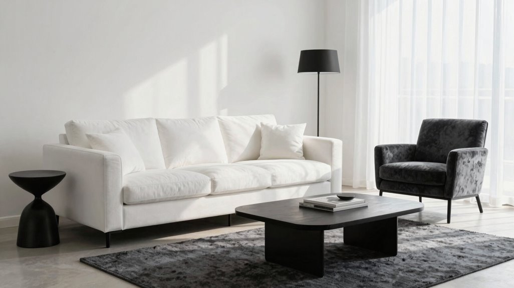 15 Ways to Create Your Dream White Living Room 9 charcoal accents white balance contrast