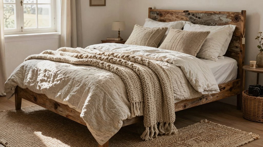 7 Farmhouse Bedroom Ideas for a Cozy Rustic Retreat 3 chunky knits natural textiles layered
