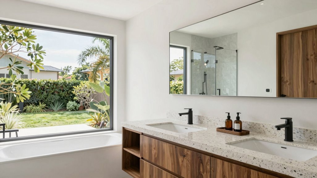 5 Steps to a Mid-Century Modern Bathroom Makeover 5 clean sight lines frame outdoors