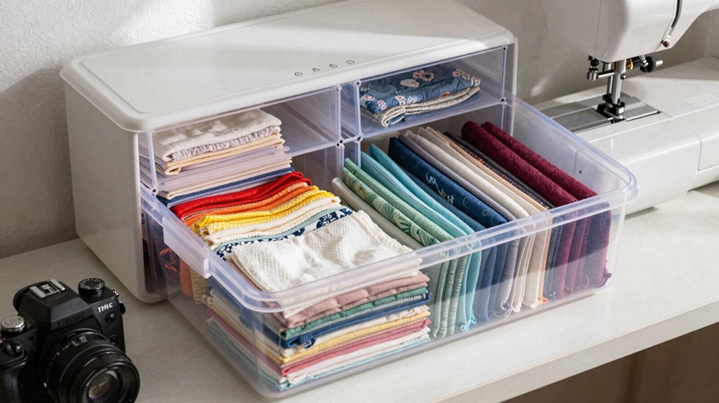 3 Fabric Organization Ideas for Small Sewing Spaces 2 clear bins fat quarters organized neatly
