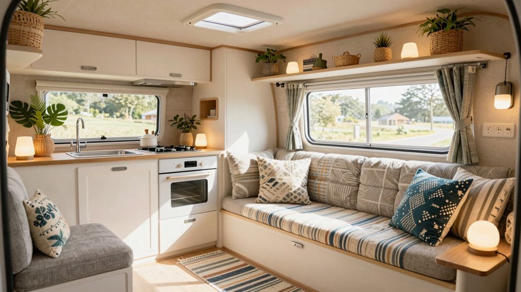 10 Cute Camper Decor Ideas That Maximize Tiny Spaces 4 coordinated textiles create zones