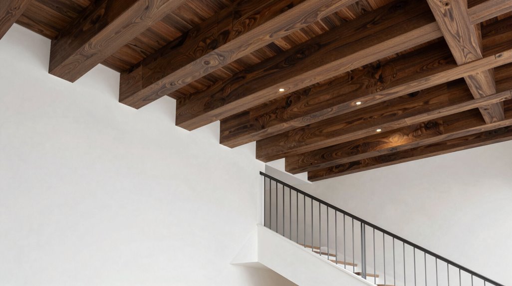 10 Faux Wood Beam Ceiling Ideas That Transform Any Room 3 dark faux wood beams above stairs