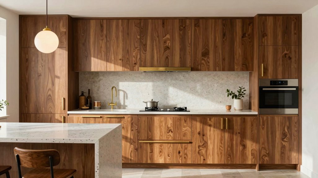 flat panel walnut cabinetry with brass hardware