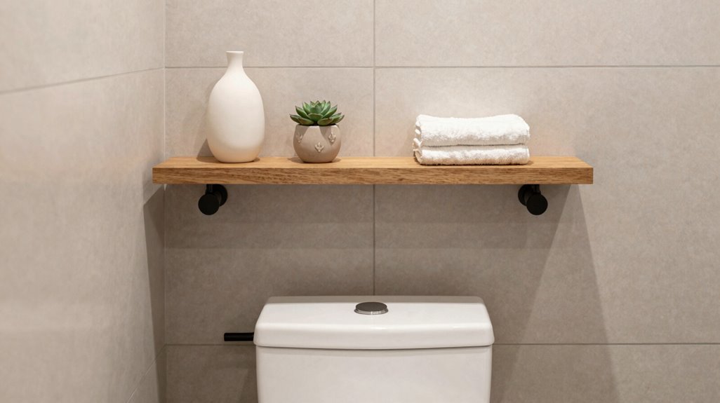 floating shelves above toilet maximize vertical storage