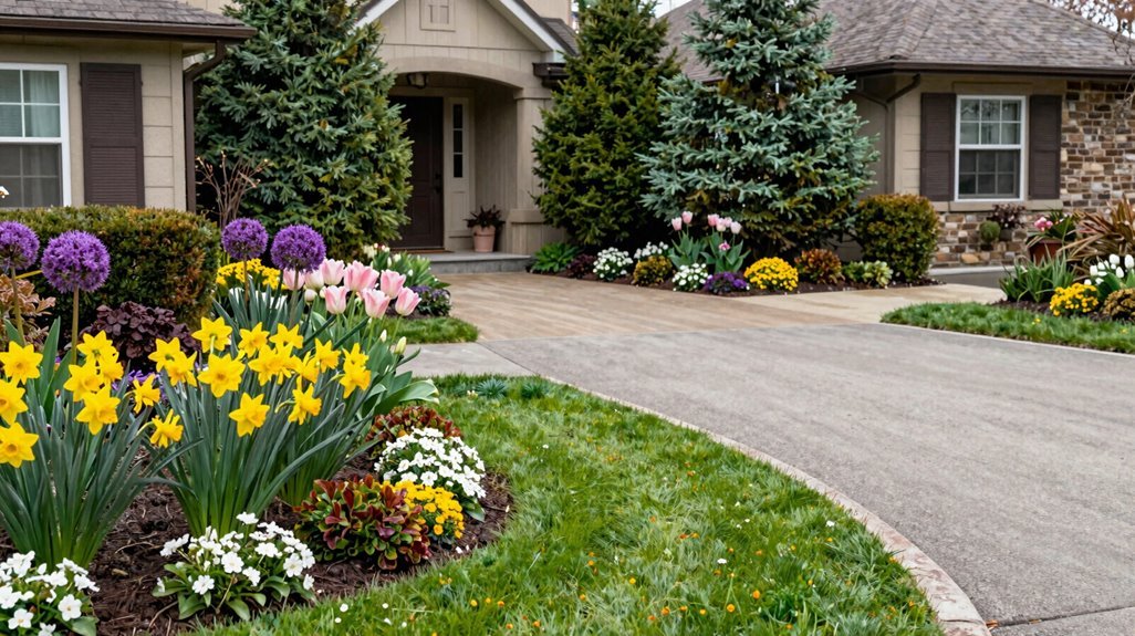 grass flowers and evergreens frame driveway