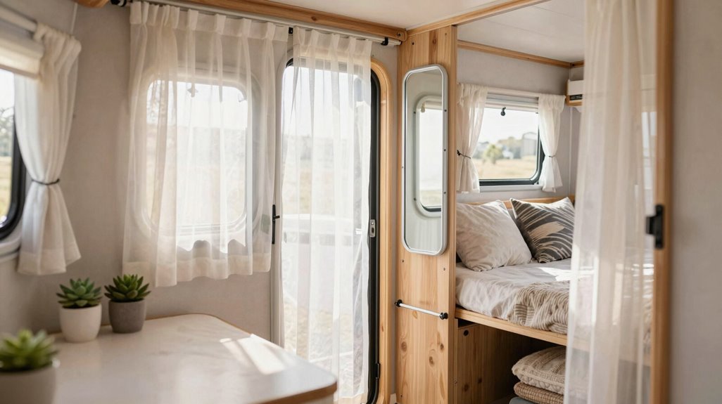 10 Cute Camper Decor Ideas That Maximize Tiny Spaces 3 hanging sheer curtains mirrored light