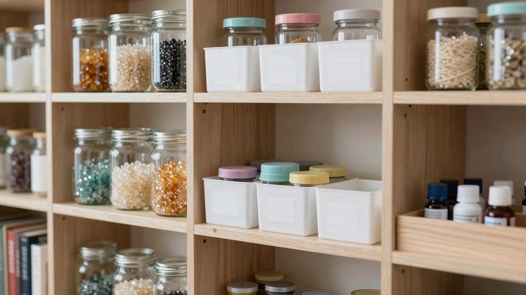 layered shelves with labeled jars