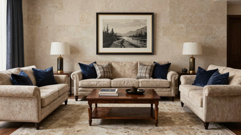 3 Steps to Design a Ralph Lauren Living Room 1 navy leather brass layered textiles