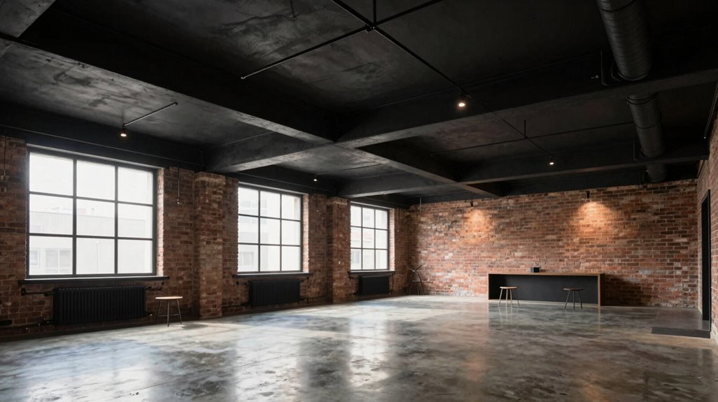 painted black basement ceiling with lighting