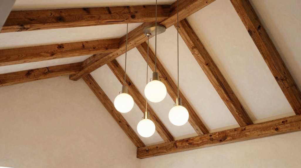 10 Faux Wood Beam Ceiling Ideas That Transform Any Room 6 pendant lights highlight beams elegantly