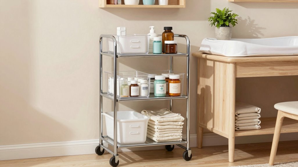 10 Small Nursery Ideas That Maximize Every Square Inch 9 rolling cart mobile nursery organizing