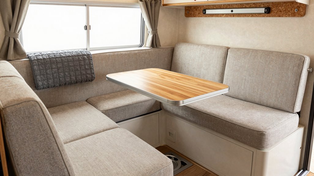Small Camper Interior Ideas: 3 Space-Saving Layouts That Work 3 soft surfaces with hidden storage multi use
