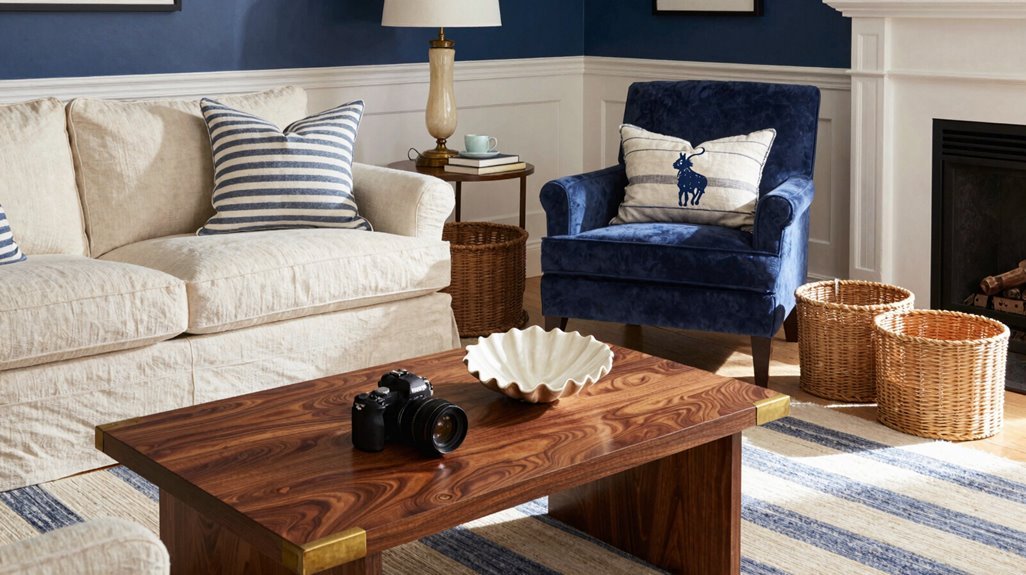 How to Design a Ralph Lauren Living Room 11 taupe navy brass coastal pairing