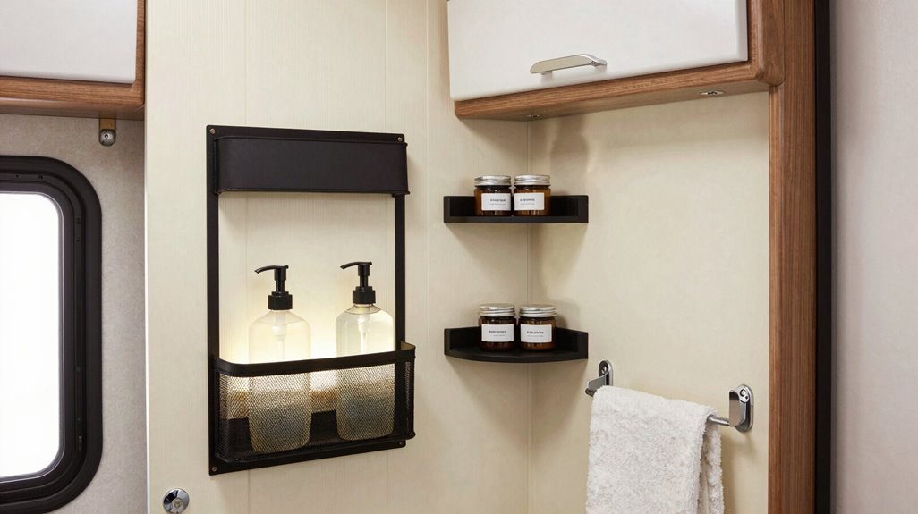 7 Small Camper Hacks That Maximize Every Inch of Space 5 three chamber dispenser suction shelves