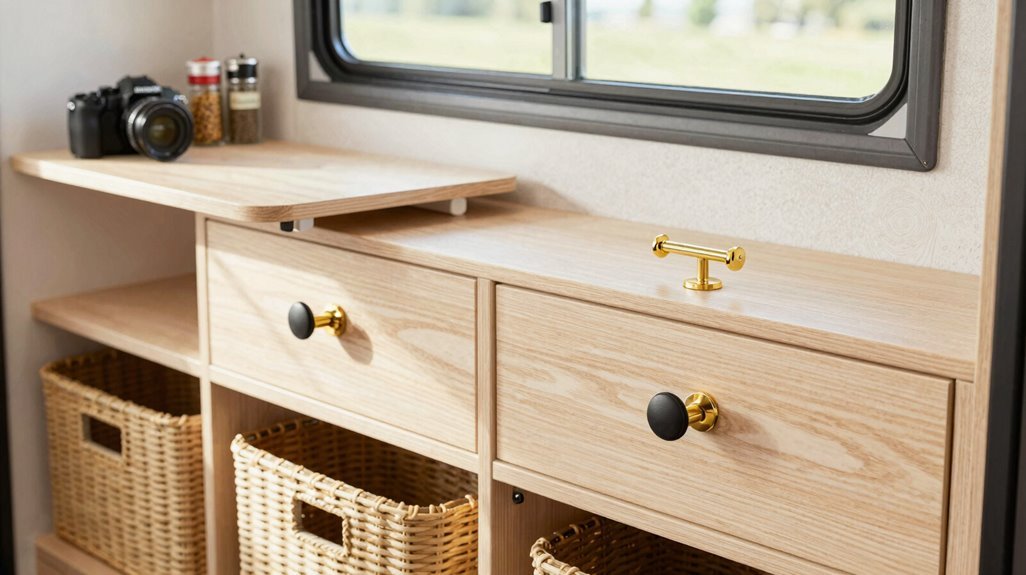 10 Cute Camper Decor Ideas That Maximize Tiny Spaces 9 upgrade cabinet hardware cohesively