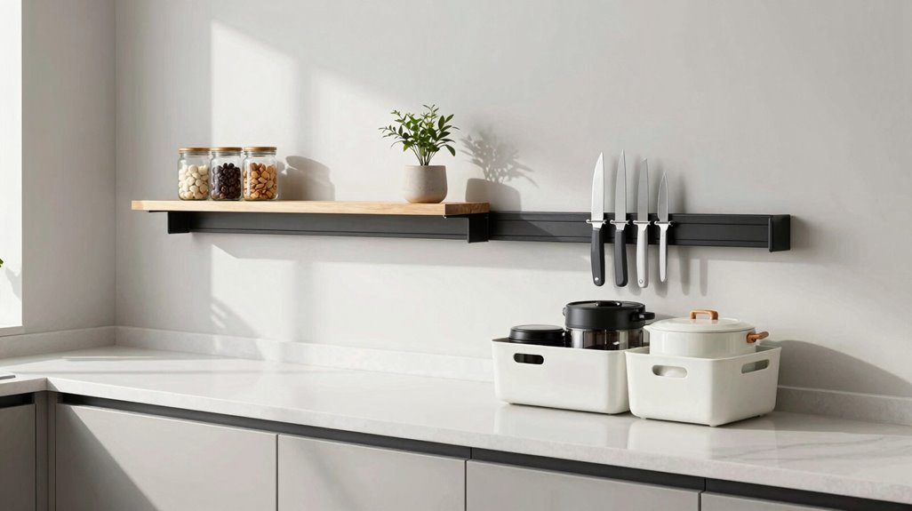 vertical storage behind counters setup