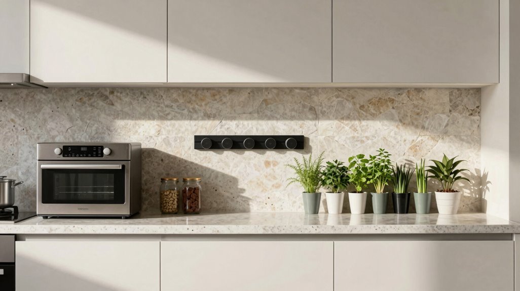 vertical wall storage reduces counter clutter
