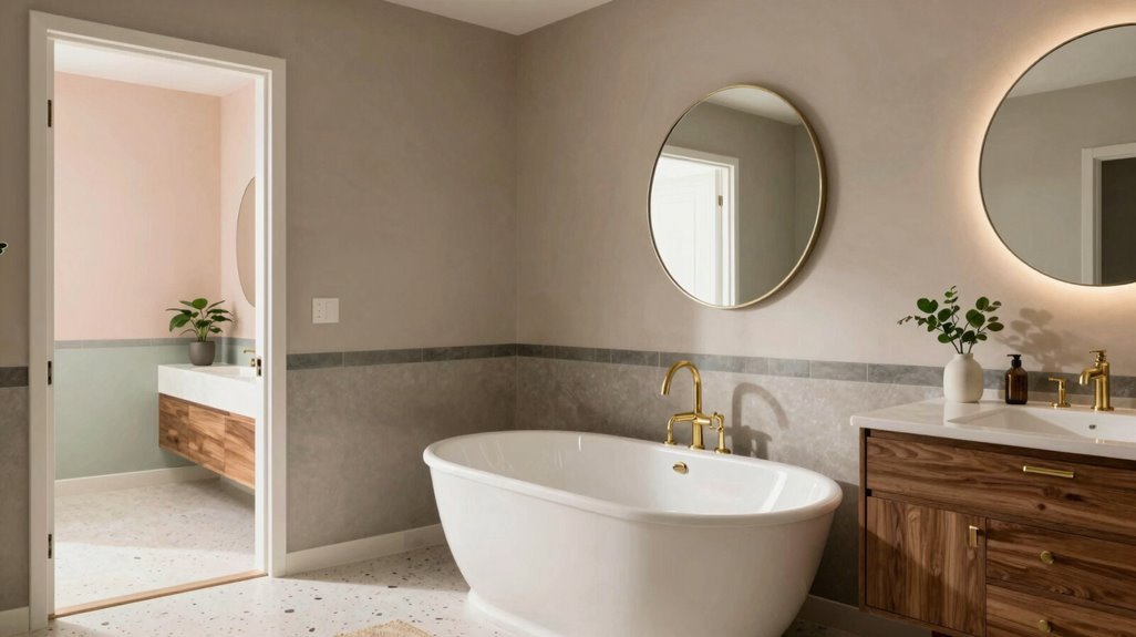 How to Decorate a Mid Century Modern Bathroom Complete Guide 10 walnut marble brass across adjacent spaces
