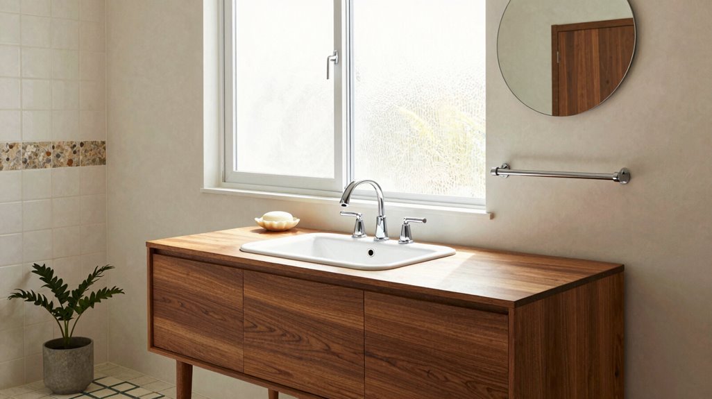 7 Mid-Century Modern Bathroom Tips for Decorating With Retro Style 3 walnut or teak vanity contrast