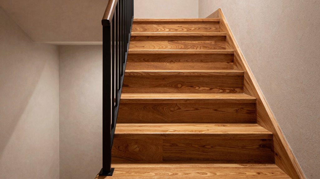 warm wood stairs with white spindles