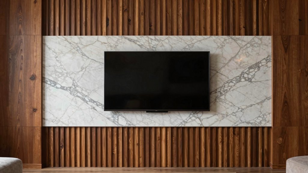 white marble panels with walnut slat frame