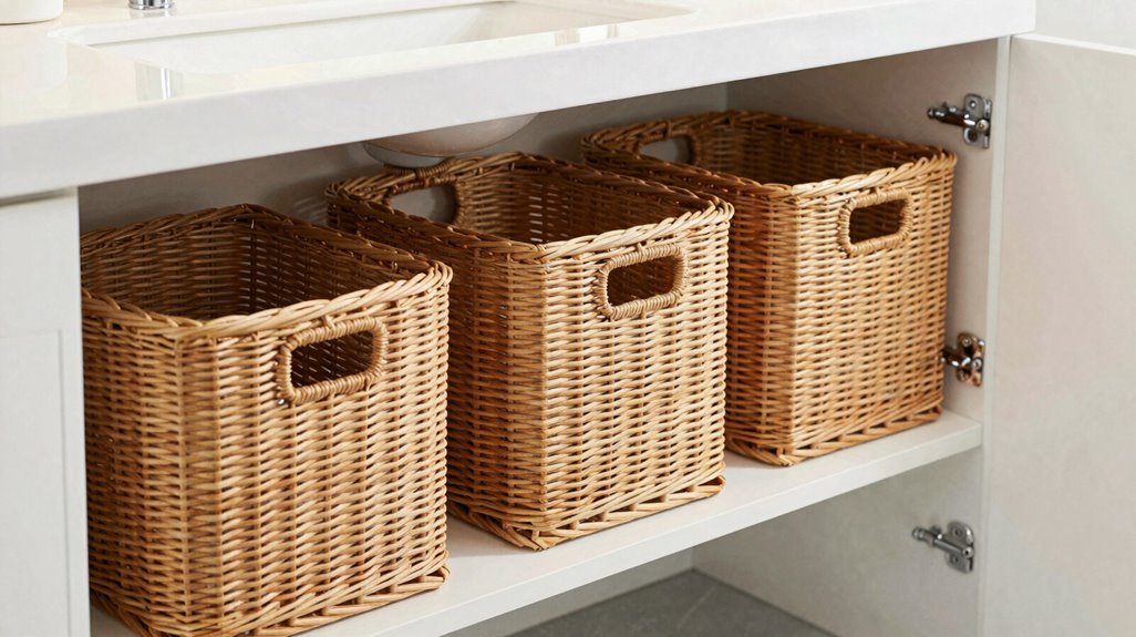 wicker bins organize open shelves