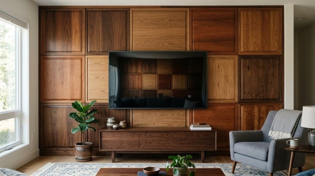 wood paneling behind tv