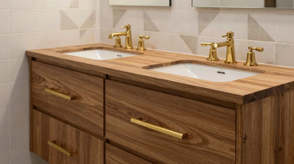 5 Steps to a Mid-Century Modern Bathroom Makeover 4 wood vanity brass hardware geometric tile